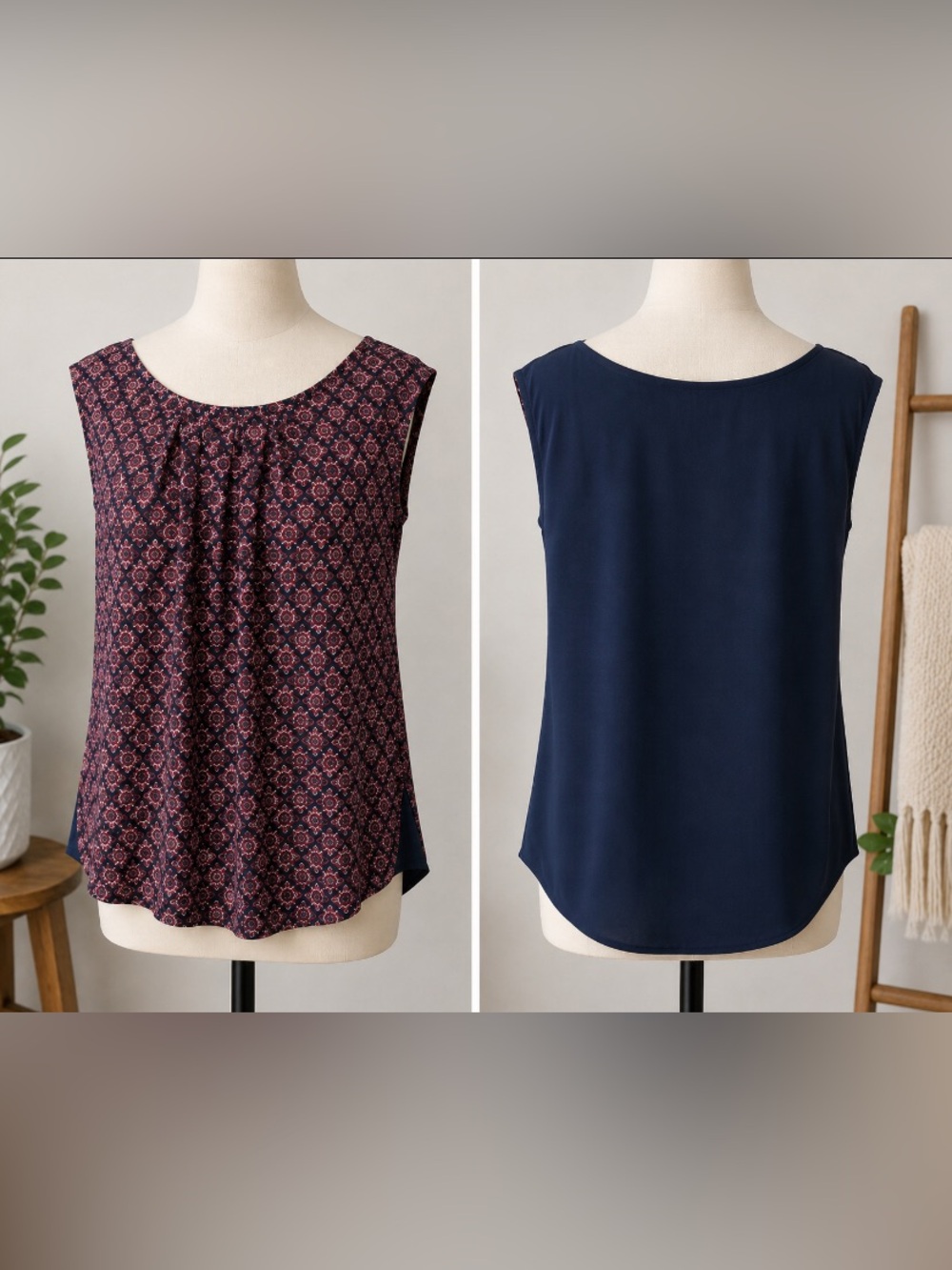 The Limited Navy and Burgundy Geometric Sleeveless Camisole